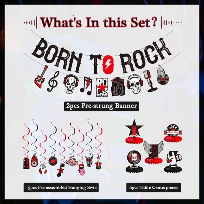 LARRAZABAL Rock and Roll Party Decorations Include Born to Rock Glitter Banner, Rock and Roll Hanging Swirls and Honeycomb Centerpieces for Birthday Baby Shower Party Supplies