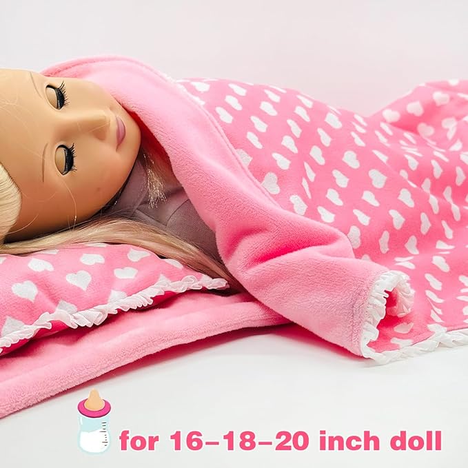 Baby Doll Accessories Dollhouse Bedding Set - Doll Blanket, Pillow & Mattress Playset for 18" Dolls,Gifts for Boys Girls Ages 3 4 5 Year Old (Pink Heart)
