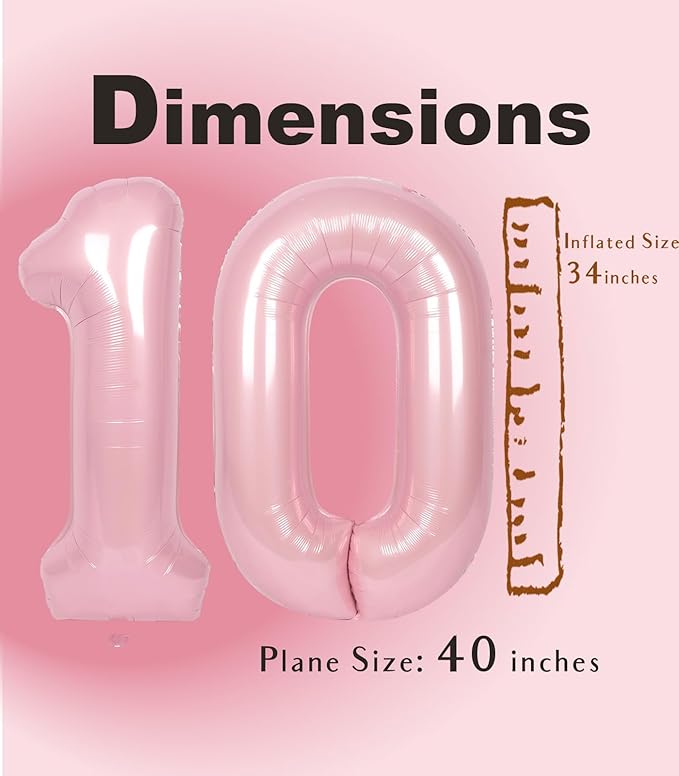 SUWEN 40 Inch Pink Large 10 Balloon Numbers Big Foil Helium Number Balloons 0-9 Jumbo Happy 10th Mylar Birthday Party Decorations for Girl Anniversary Party Supplies