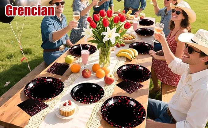 Grencian 96Pcs Black and Red Party Decorations Red Dot on Black Plates and Napkins Disposable Tableware Set for Birthday Baby Shower Wedding Party Supplies, Serves 24