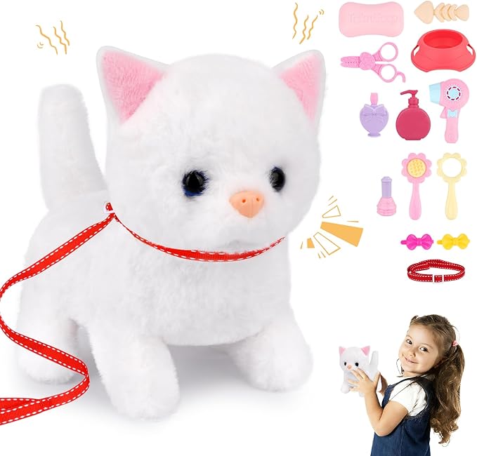Cat Plush,Walking Cat Plush Toys, Electronic Interactive Stuffed with Turtle Backpack,Cute Cat Stuffed Animals Gifts for Kids Boys Girls