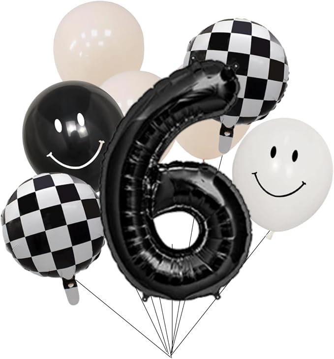 Birthday Party Balloon Set with Checkered and Smiley Face Design, 8-Piece Black and White Balloon Pack with Number 6 Foil Balloon for Kids Celebrations
