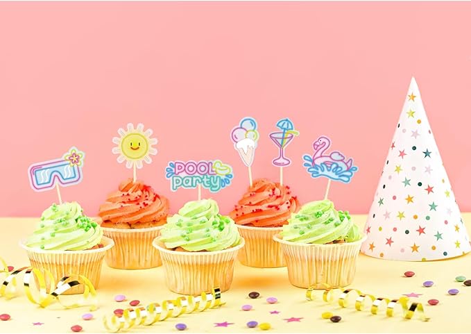 30 Pack Summer Themed Party Cupcake Toppers Neon Summer Party Decorations Picks for Hawaii Beach Pool Theme Wedding Baby Shower Birthday Party Supplies (Pool)