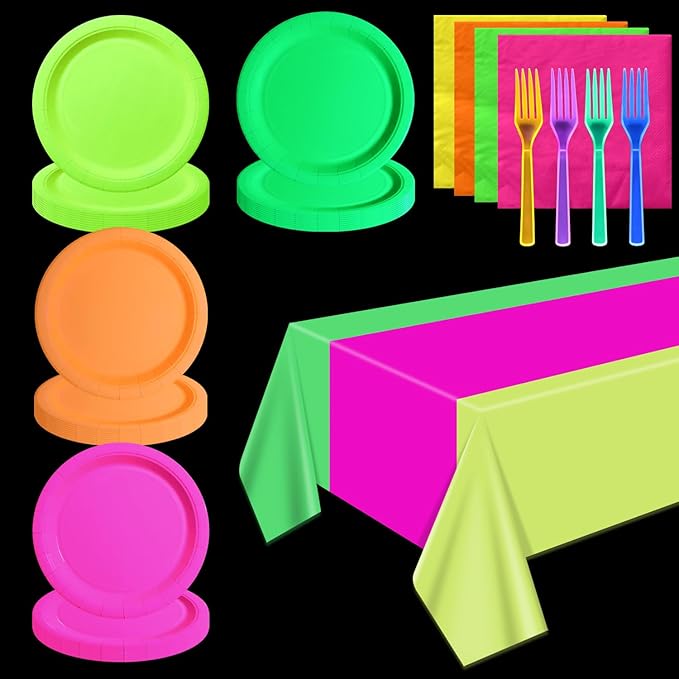 Glow Party Supplies Plates Set for 20 Guests, Including Multi-color Tablecloth, Forks, Napkins and Plates for Glow Birthday Decorations Neon Party Decorations