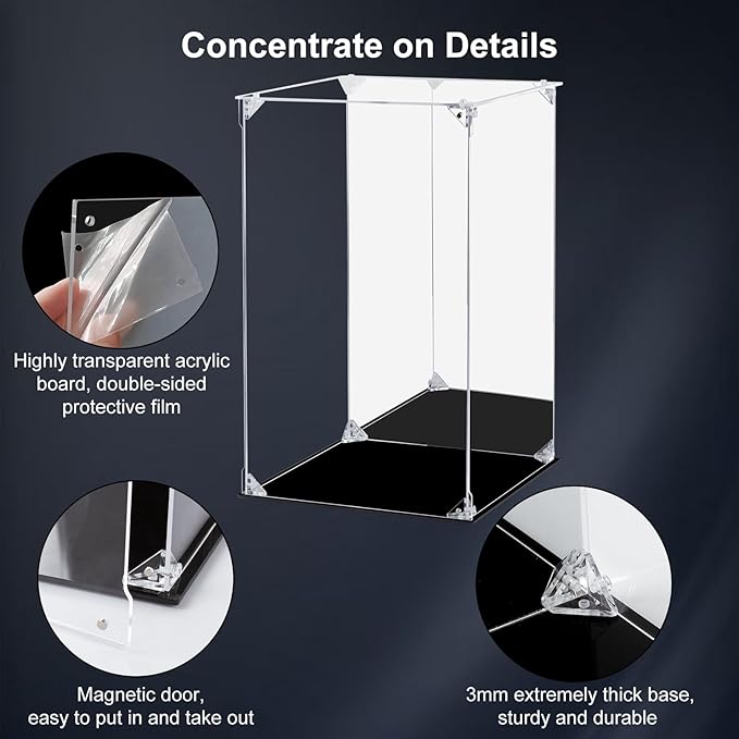 Acrylic Display Case for Collectibles Assemble Clear Acrylic Display Box with Mirrored Back, Alternative Glass Case for Action Figures Lego Model Doll Toys Display (10x10x15.7 inch; 25x25x40 cm)