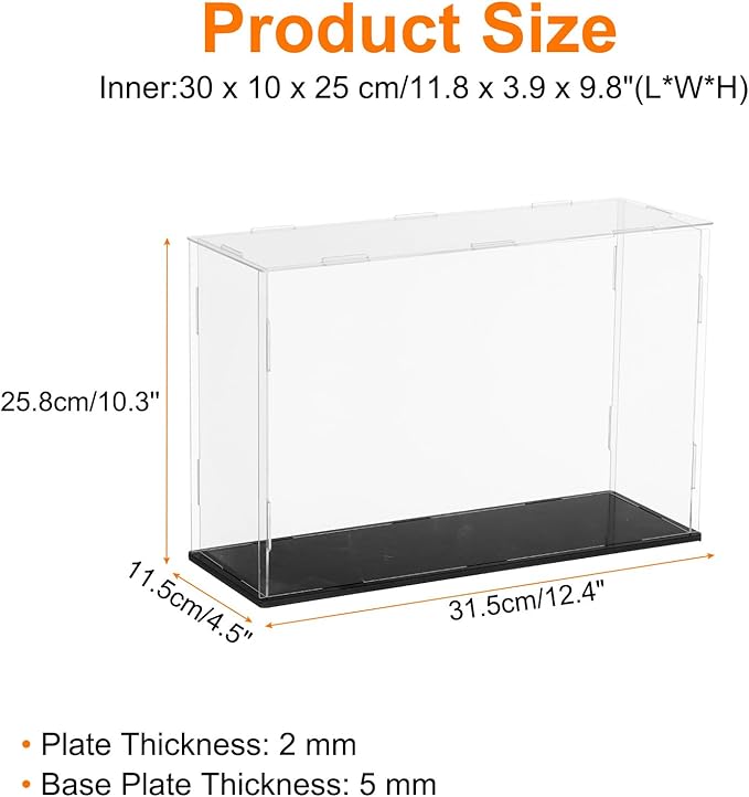uxcell Acrylic Clear Display Case for Collectibles Self-Assemble Display Clear Boxes with Black Base Dustproof Countertop Storage Box for Collectible Figures, 11.8 x 3.9 x 9.8 Inch