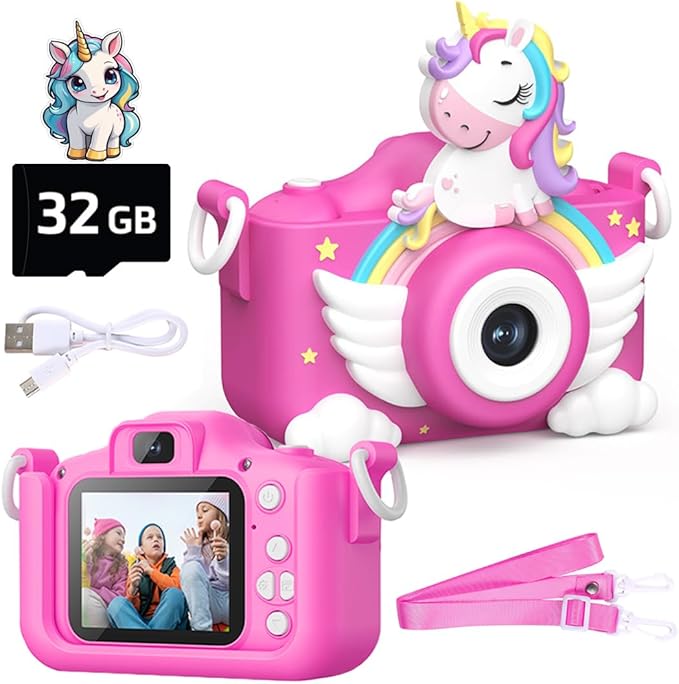 Wembley Kids Camera 3–8 Years | Unicorn Digital Selfie & Video Camera 1080P | Rechargeable Toddler Camera with Games | 32GB Card Included | Silicone Cover | Cute Birthday Gift for Girls & Boys - Pink