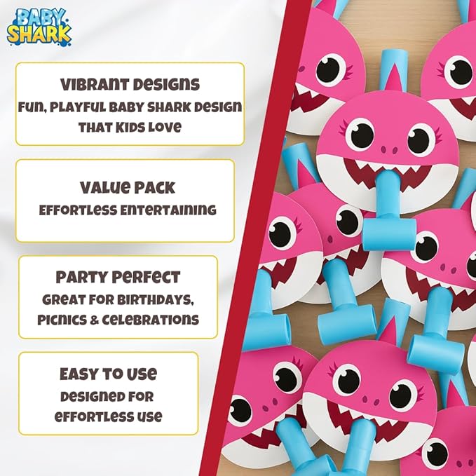 Unique Baby Shark - Party Hats, Blowouts & Sticker Bundle | Officially Licensed | 8 Hats, 8 Blowouts & 1 Sticker Sheet | Birthday Party Supplies Set | Baby Shark Decorations & Favors for Boys & Girls