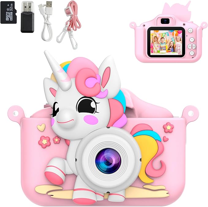 Kids Camera, Camera Toys for Girls Age 3-8, Selfie Cameras for Kids, Kids Digital Camera for Toddler with Video, Digital Cameras with Silicon Cute Cover for Kid, 32GB TF Card(Pink)