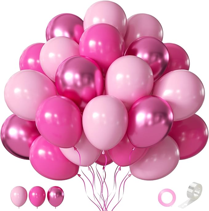 CVPARTON Pink Balloons Set, 55 PCS Metallic Pink Balloons, Baby Pink, Hot Pink 12 Inch Latex Balloon for Girls Women Birthday Party, Bridal Shower, Baby Shower, Wedding, Princess Party Decoration