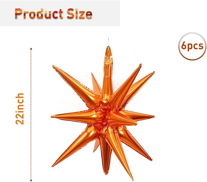 6 Pcs Orange Star Foil Balloons One-Piece 14-Pointed Star Balloon 4D Starburst Cone Mylar Balloon 22inch Christmas Birthday Wedding Wedding Anniversary Party Supplies(Orange)