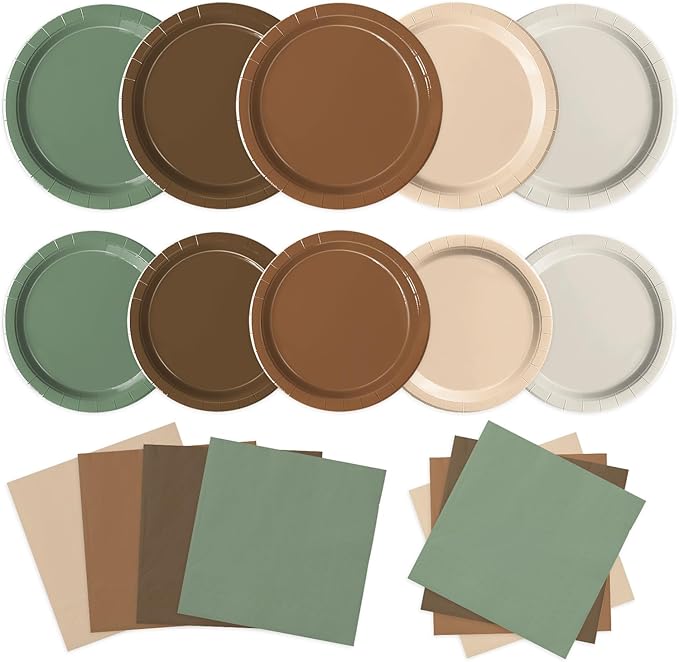 Oigco Woodland Baby Shower Decorations - 60 PCS Brown Sage Green Neutral Forest Animal Brown Plates and Napkins for Safari Jungle Baby Shower Decorations