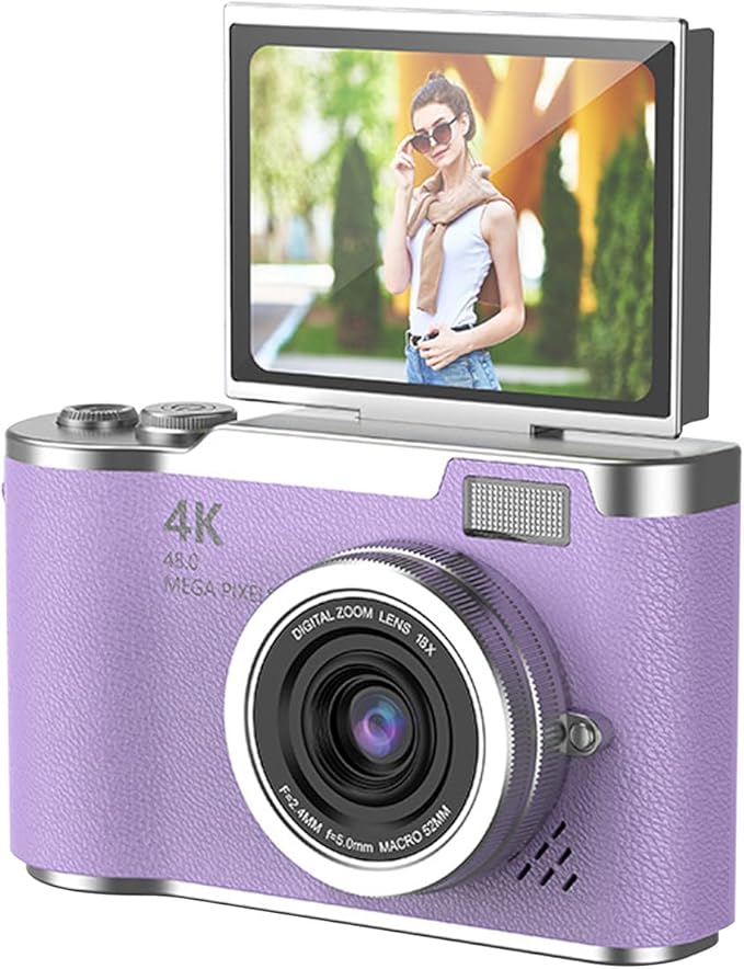 Denash Foldable Screen Kids and Beginners Camera,4K Digital Camera for Photography,48MP Digital Foldable Support 16X Zoom with Flip Scree (Purple)