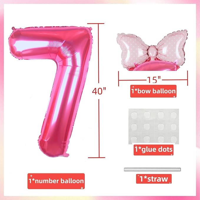 40 Inch Pink Number 7 Balloon with Mini Bow Balloon for Girls 7th Birthday Decorations, Pink Girl Mouse Princess Western Cowgirl Theme Birthday Party Balloons Decorations Supplies