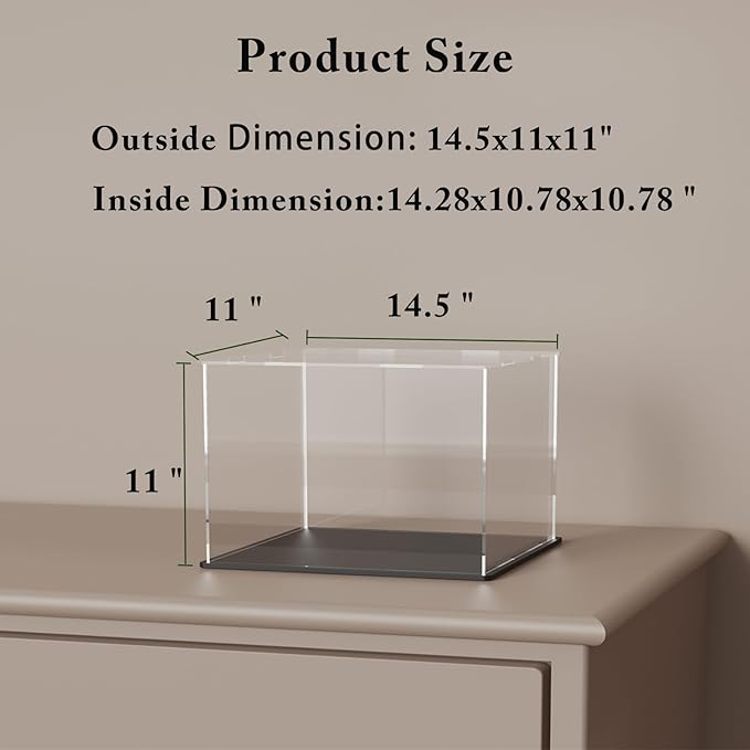 Clear Acrylic Display Case with Black Base, Assemble Dustproof Showcase Deluxe Countertop Case for Action Figures, Collectibles, Home Organization (14.5x11x11 inch)