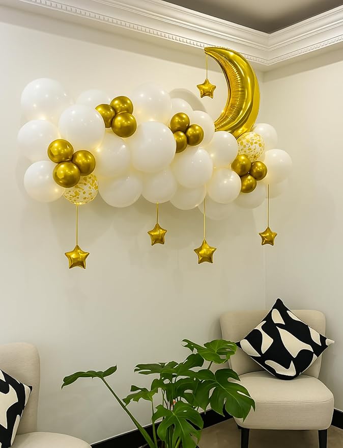 White and Gold Party Decorations, Gold White Balloons Moon Star Foil Balloons, LED String Lights Decoration for Boys Girls Baby Shower Twinkle Twinkle Little Star Gender Reveal Party Supplies