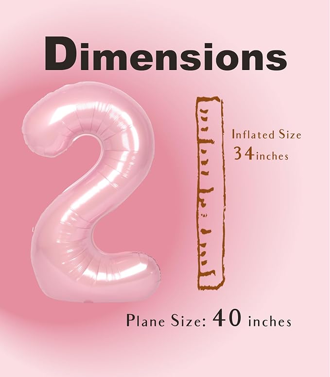 SUWEN 40 Inch Pink Large 2 Number Balloons Big Foil Helium Number Balloons 0-9 Jumbo Happy 2nd Mylar Birthday Party Decorations for Girl Anniversary Party Supplies