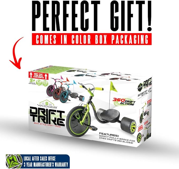 Drift Trike for Kids Ages 5+ – 16" Front Wheel Ride-On with Adjustable Seat, Steel Frame, Rear Slick Drift Wheels & Safety Flag – Madd Gear (Black/Pink)
