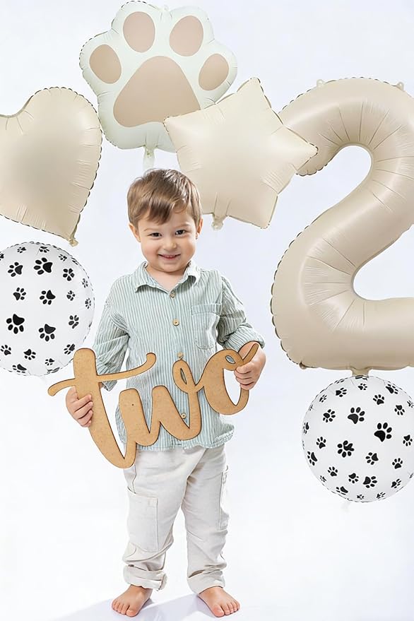 2nd Birthday Dog Paw Balloons Set,18'' Paw Prints, Heart,Star,Paw Shaped Foil Balloon 40''Cream Number 2 Helium balloons for Puppy Themed Baby Shower Second Birthday Party Decorations Supplies 6PCS