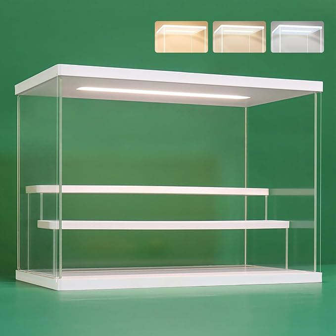 NONEMEY Clear Acrylic Display Case Stand with Led Light 2/3/4/5/6 Tier Storage Box Showcase Dustproof Organizer Box for Collectibles (White 3Tier 12.4*7*9inch)