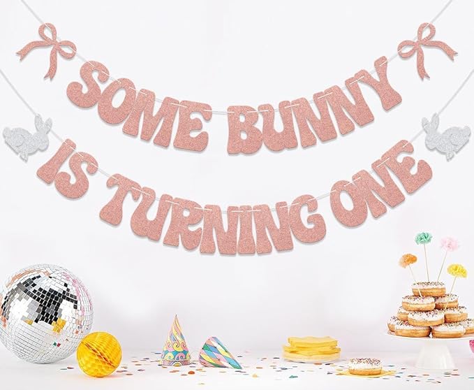 Some Bunny is Turning One Banner Some Bunny Is One Decorations Happy Easter 1st Birthday Party Decoration Supplies Rose Gold Glitter
