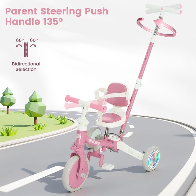 5-in-1 Tricycle for Toddlers 1-3, Convertible Toddler Bike with Push Handle & Removable Pedals, Balance Bike with Colorful Lighting Wheels, Adjustable Seat Height with Backrest(Pink)