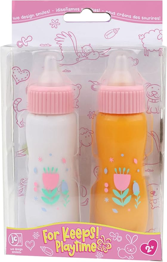 JC Toys Deluxe Disappearing Magic Bottles | Fits All Dolls | Milk and Juice | Flower Theme | Ages 2+ , Pink