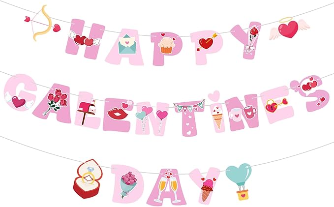 Happy Galentine's Day Banner Pink Galentine’s Day Garlands Decorations with Heart Valentines Day Banner for Girls Ladies Friends Galentines Day Decoration