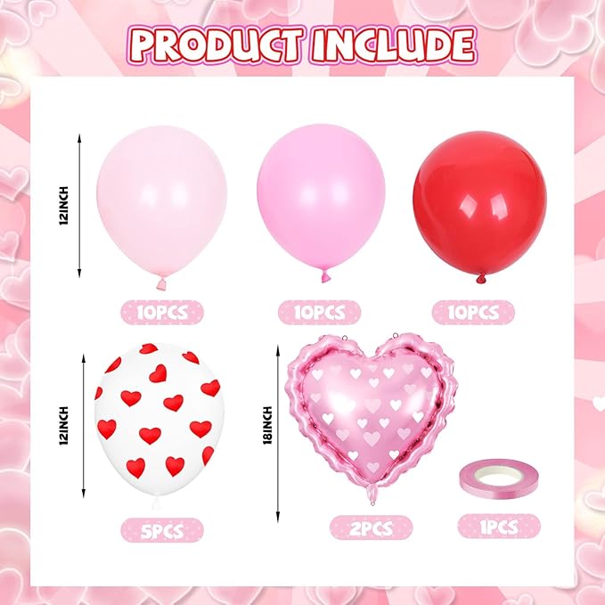 Red and Pink Balloons, Light Pink Red White Heart Print Balloons with Heart Foil Balloon for Engagement Anniversary Wedding Party Supplies Valentines Day Decorations