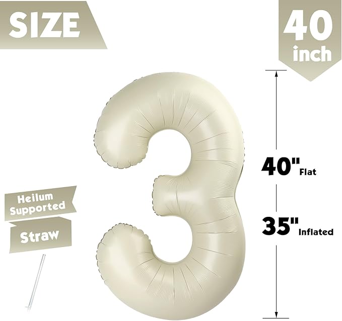40 Inch Cream Number 3 Balloon, Giant 3 Number Balloons for 3rd Birthday Decorations, Party Supplies for Baby Boy Girl, Cream Party Decor