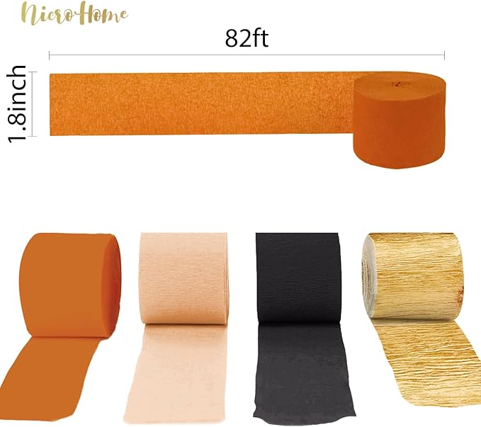 Thanksgiving Party Decorations, 8 Rolls Black Orange Gold Crepe Paper Streamers, Paper Tassels Party Streamer for Fall Autumn Thanksgiving Day Halloween Party Decoration