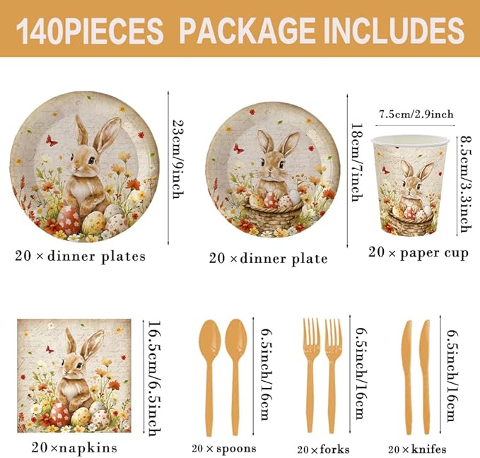 140Pcs Easter Day Party Supplies Vintage Rabbit Plates and Napkins Easter Party Decorations Tableware Set Bunny Easter Egg Paper Plates Birthday Tea Party Bunny Plates, Serves 20 Guests