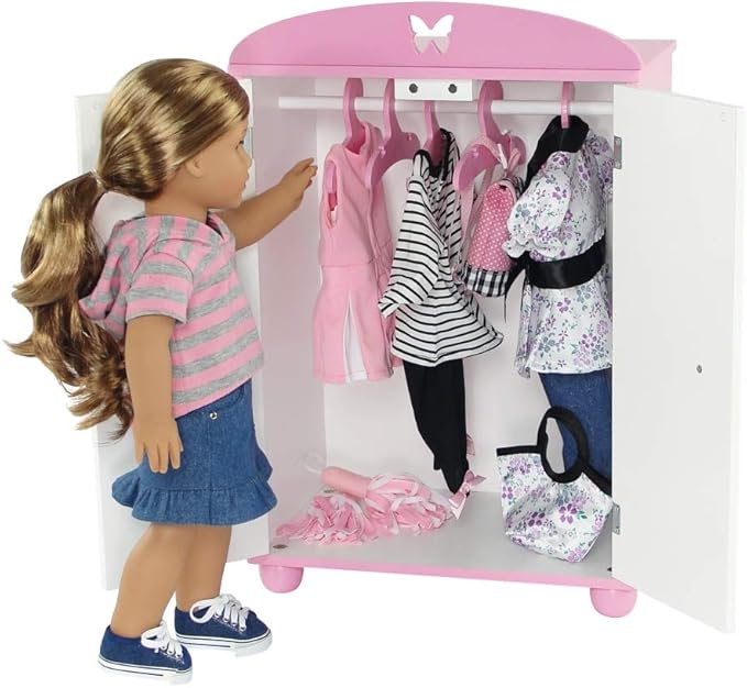Emily Rose 18 Inch Doll Closed Door Clothes and Accessories Closet – Butterfly Furniture Collection – Fits 18” Dolls Like American Girl Our Generation Adora My Life As – Includes 5 Hangers – USA Brand