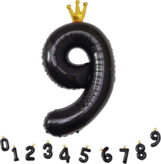 40 Inch Crown Black Number 9 Balloon, 1 Count, Perfect for Birthday Party Decorations, Unisex, All Ages