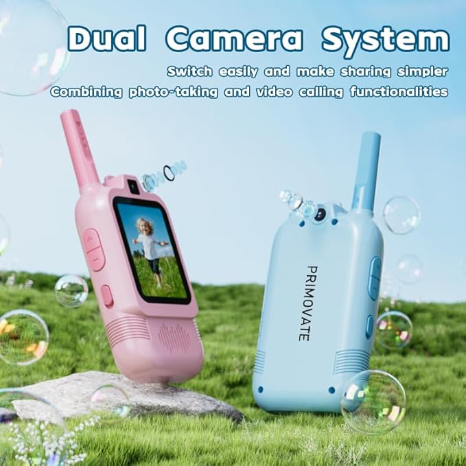 Video Walkie Talkies for Kids 2 Pack with Dual Camera, 2.0” Screen, Voice Chat & Photo Capture – 150–500m Range, Fun Voice Effects, Auto Pairing, 650mAh Rechargeable Battery