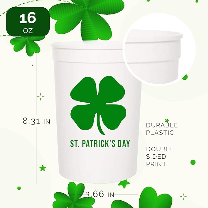 Let's Get Lucky St. Patrick's Day Cups, Set of 12-16oz Plastic Saint Cups for Party Favors and Shamrock-Themed Decorations - St Patricks Day Party Supplies and Drinking Accessories