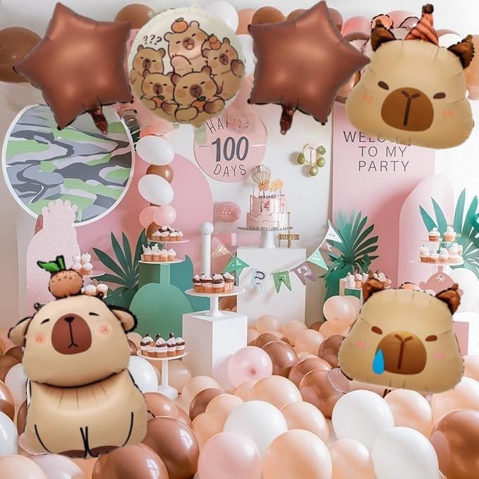 7 PCS 24" Capybara Foil Balloons - Animal Theme Birthday Decorations for Baby Shower, Gender Reveal Party Supplies, Durable Aluminum Mylar Balloons with Hanging Strings & Star Accents