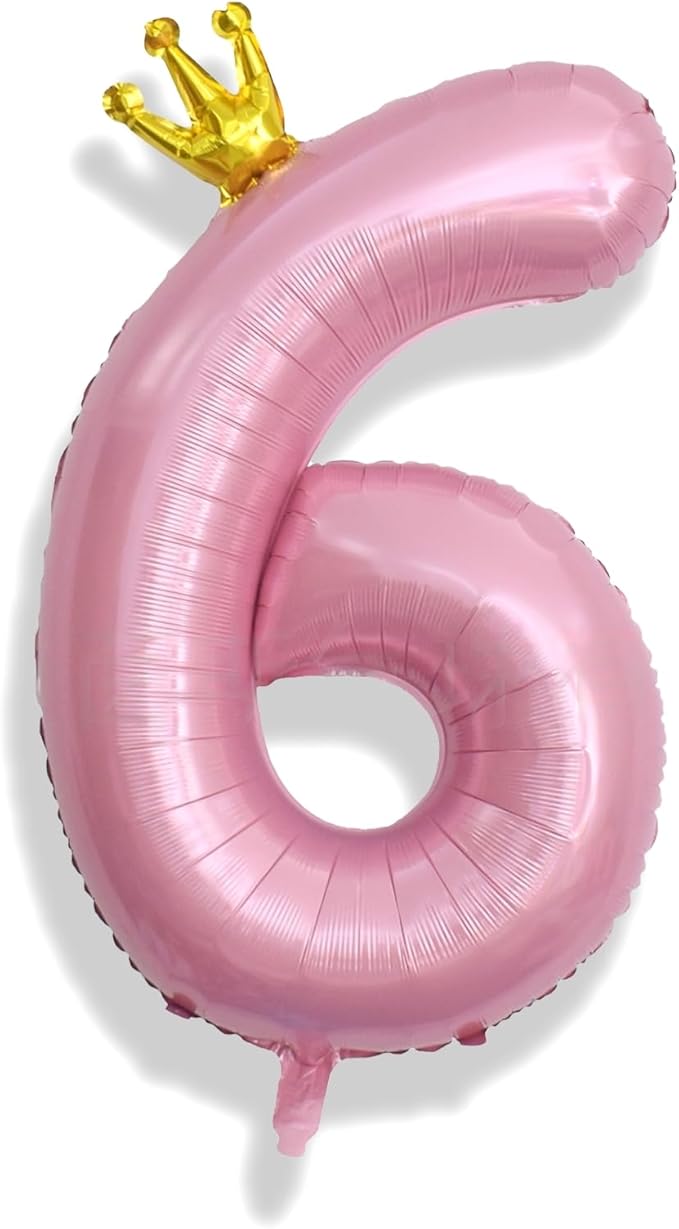 Large Number 6 Balloons, Light Pink 40 Inch Foil Number Balloon for Women, Crown Pearl Pink Self Inflating 0-9 Set Balloons for Girls 6th Birthday Party Decor Anniversary Party Decorations Supplies