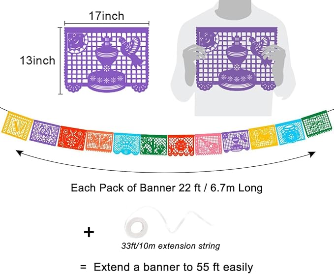 3 Packs Mexican Banners, 66 Ft(22ft x 3) Papel Picado Banner, Large Plastic Mexican Fiesta Banners Cinco de Mayo Party Fiesta Decorations Mexican Themed Birthday Party Supplies 12 Patterns with String