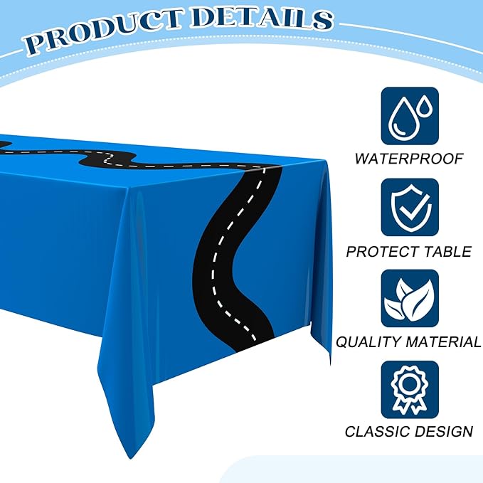 Irenare 3 Pcs Racing Table Cloths Car Birthday Party Supplies 54 x 108 Inch Racetrack Table Runner Covers Disposable Rectangular Road Tablecloth for Kids Boy Car Theme Birthday Party Decor (Blue)