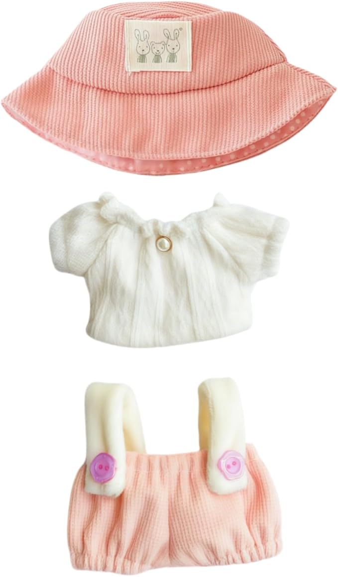 Clothes for Lu bubu 17cm Dolls Accessories(No Doll), Cute Outfit Set 3 Pieces Bib Pants Suitable for 17cm Doll Suit, Stylish Dress Up Overalls Doll Clothing Set Replacement with Hat Clothes Pink