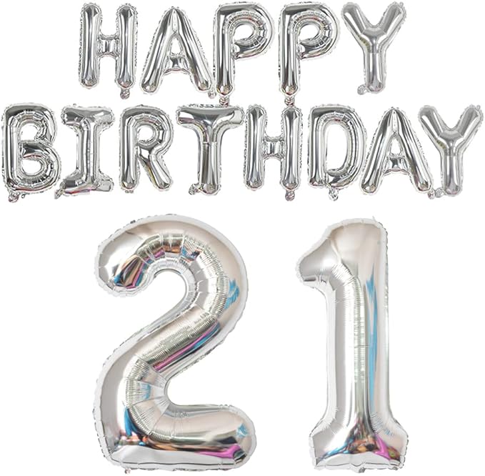 Happy Birthday Balloon Banner 40 inch 21 or 12 Balloon Number 16 Inch Happy Birthday Letters Balloons Silver Foil Mylar Balloons for 21st 12th Birthday Decorations Party Supplies