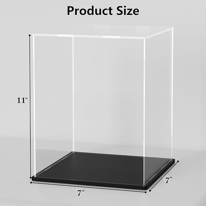 Clear Acrylic Display Case with Matt Black Base and Lid, Dust-Proof Acrylic Showcase, Cube Counter-Tops Box for Large Collectibles (7x7x11 inch)