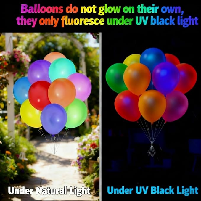 100 Pcs 12 Inch Thick UV Neon Balloons, Glow Party Balloons UV Black Light Balloons Glow in the Dark for Birthday Decorations Wedding Party Supplies, Blacklight Reactive Fluorescent Latex Balloons