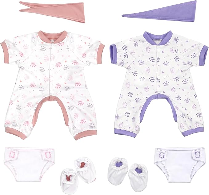 2 Sets Doll Clothes and Accessories for 20-22 Inch Dolls, 8 Pcs Clothes Outfits Including Jumpsuit, Doll Diapers, Bandana and Shoes