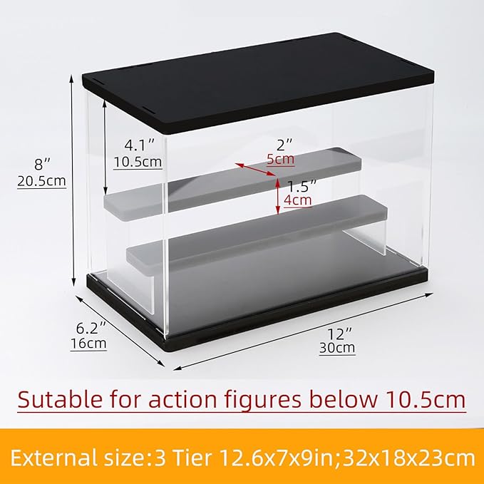 Clear Acrylic Display Case with Light , 3 Tier Multiple Color Lights Display Box Stand Assembly Dustproof Protection Showcase for Collectibles Action Figures (Black 12.6×7×9in)