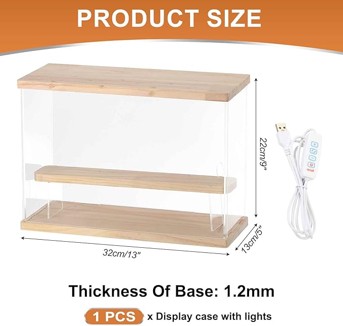 MECCANIXITY Clear Display Case, 2 Layer Acrylic Figure Display Case Clear Display Boxes for Collectibles, Figures Model Toys Home Storage(with Square LED Light, 13x5x9 Inch Wood Base)