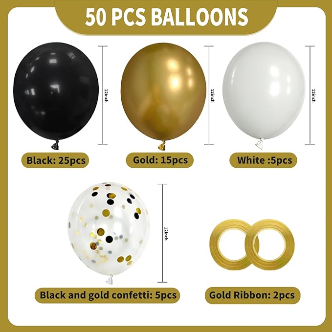 Black White Gold Party Balloons,Black and Gold Balloon 50 Pcs 12 inch Black Gold Latex Balloons For New Year Graduation Wedding Retirement Anniversary Party Decorations