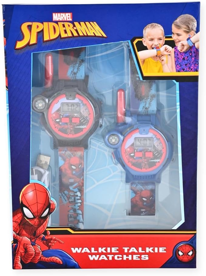 Accutime Spiderman Kids Rechargeable Walkie Talkie Watch Set - 2 Way Radio Watches, LED Flashlight, Compass, Toy Watches for Boys, Girls, Fans of Spiderman
