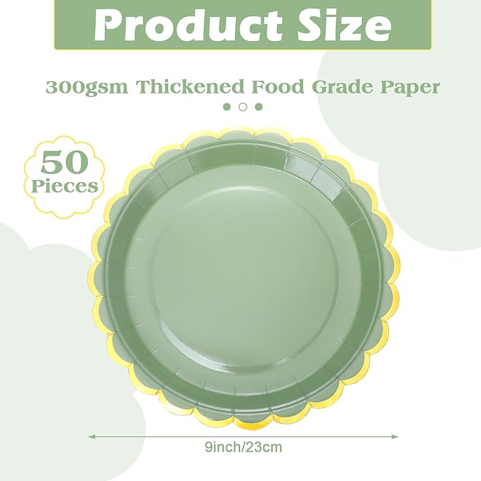 Maxcheck 50 Pcs Sage Green Scalloped Paper Plates with Gold Foil 9 Inches Disposable Party Plates Decorative for Cake Dessert Birthday Baby Shower Wedding Party Supplies